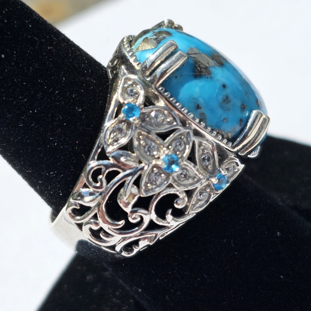 Genuine Turquoise & Neon Apatite 💍 w/White Sapphires in Platinum/925 Size 9 - Picture 7 of 12